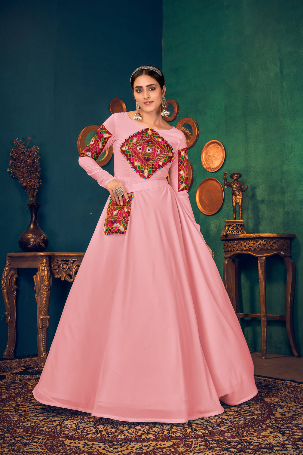 Pink Multi Resham Work Georgette Salwar Semi Stitched