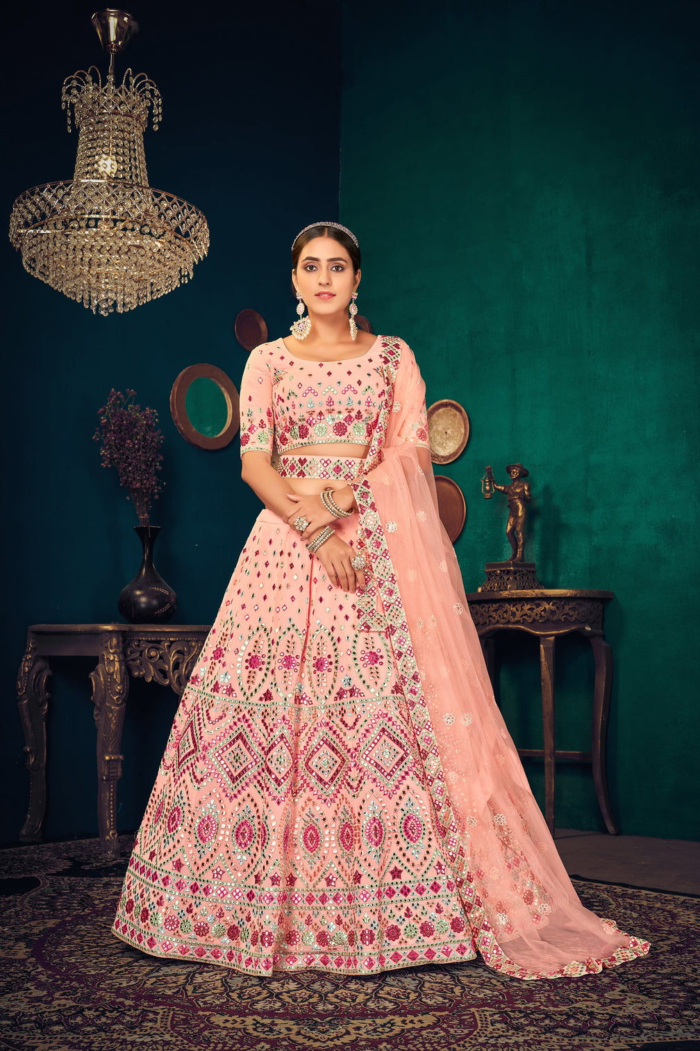 Pink Multi Thread Gotta Work Georgette Wedding Lehenga Choli