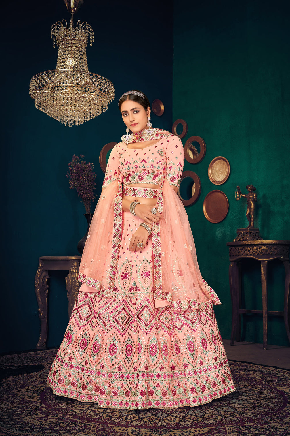 Pink Multi Thread Gotta Work Georgette Wedding Lehenga Choli