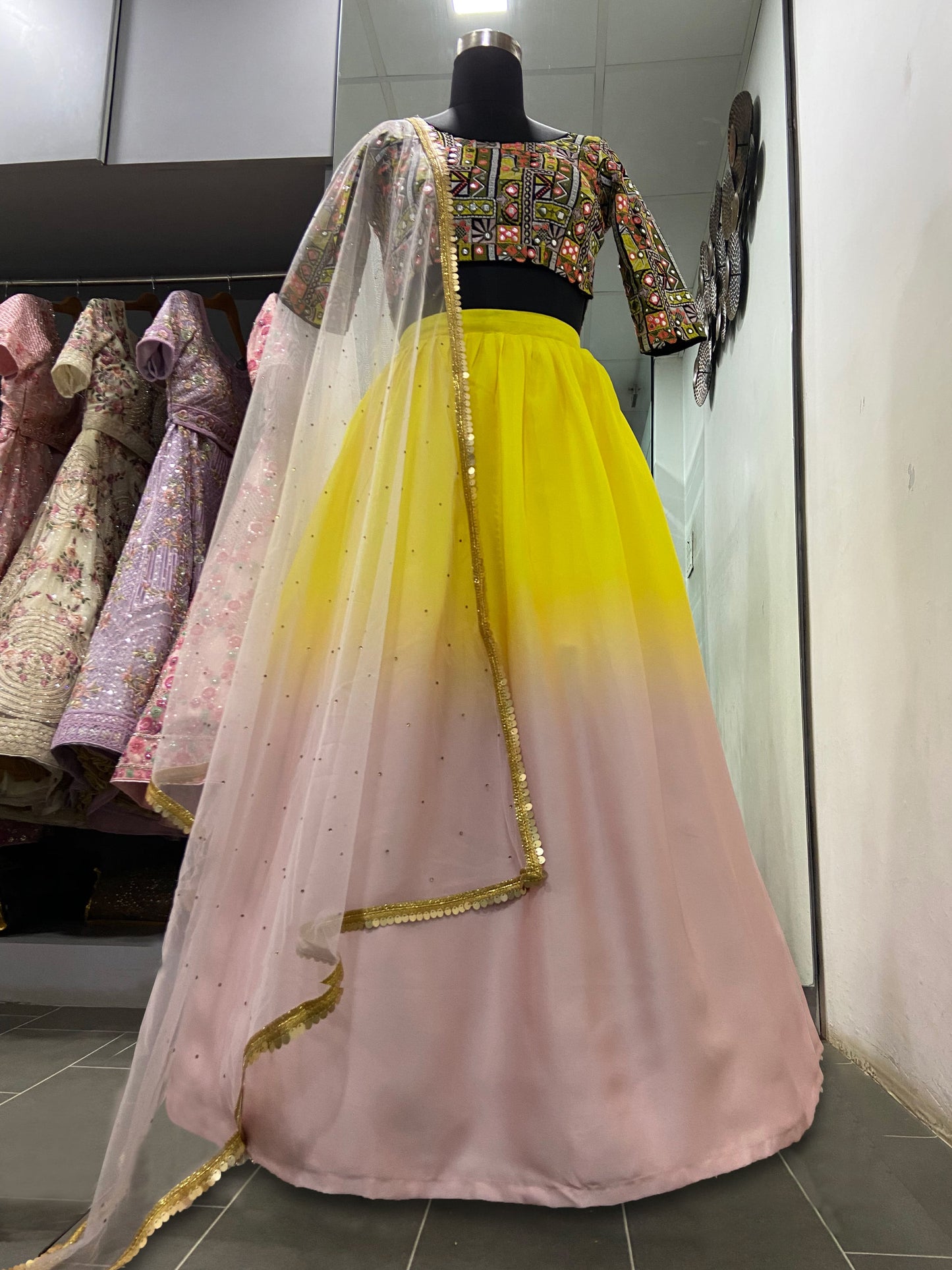 Pink N Yellow Lehenga With Heavy Work Blouse