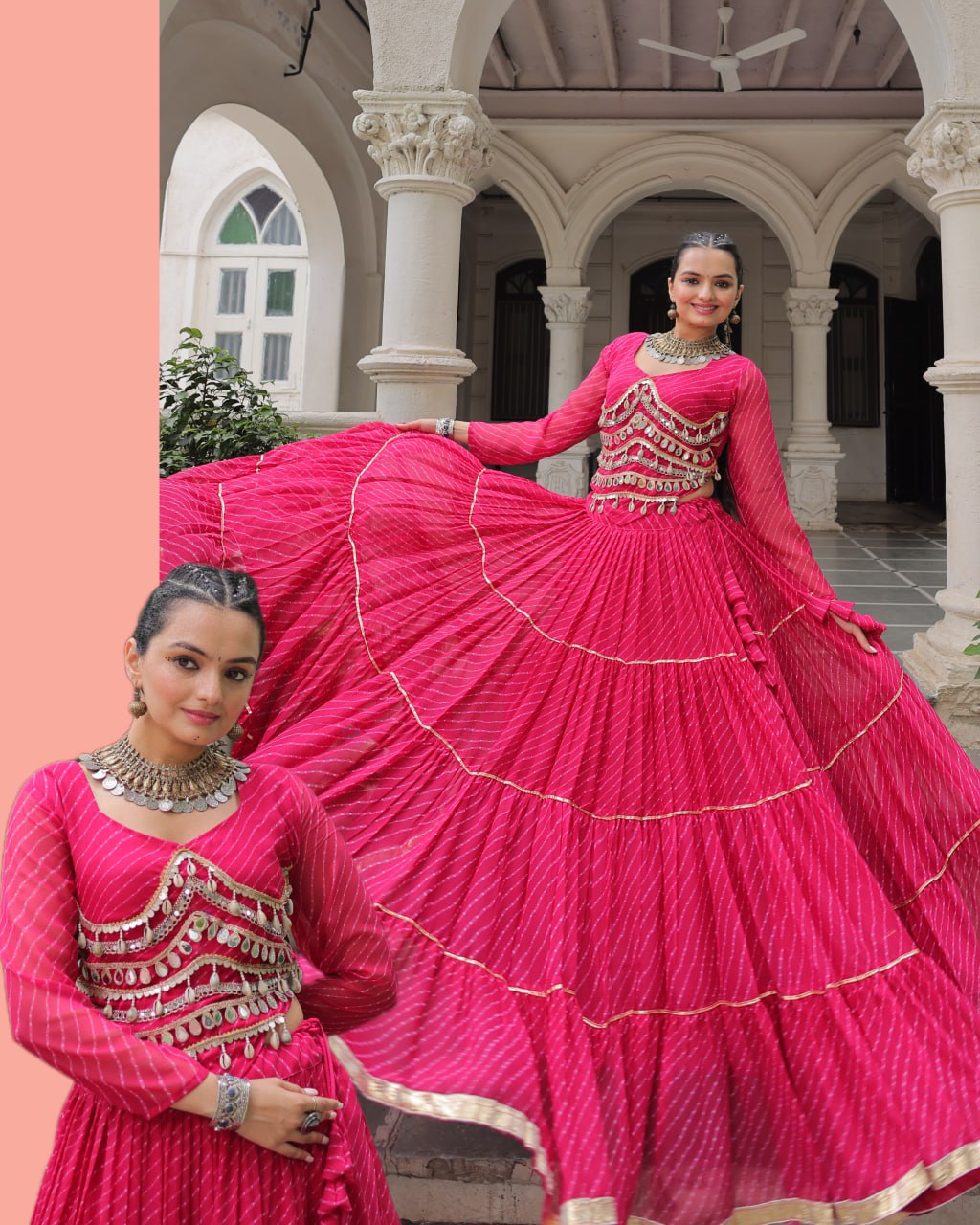 Pink Navratri Special Leheriya Print Lehenga Choli with 12 Mtr Flair & Mirror Lace Work