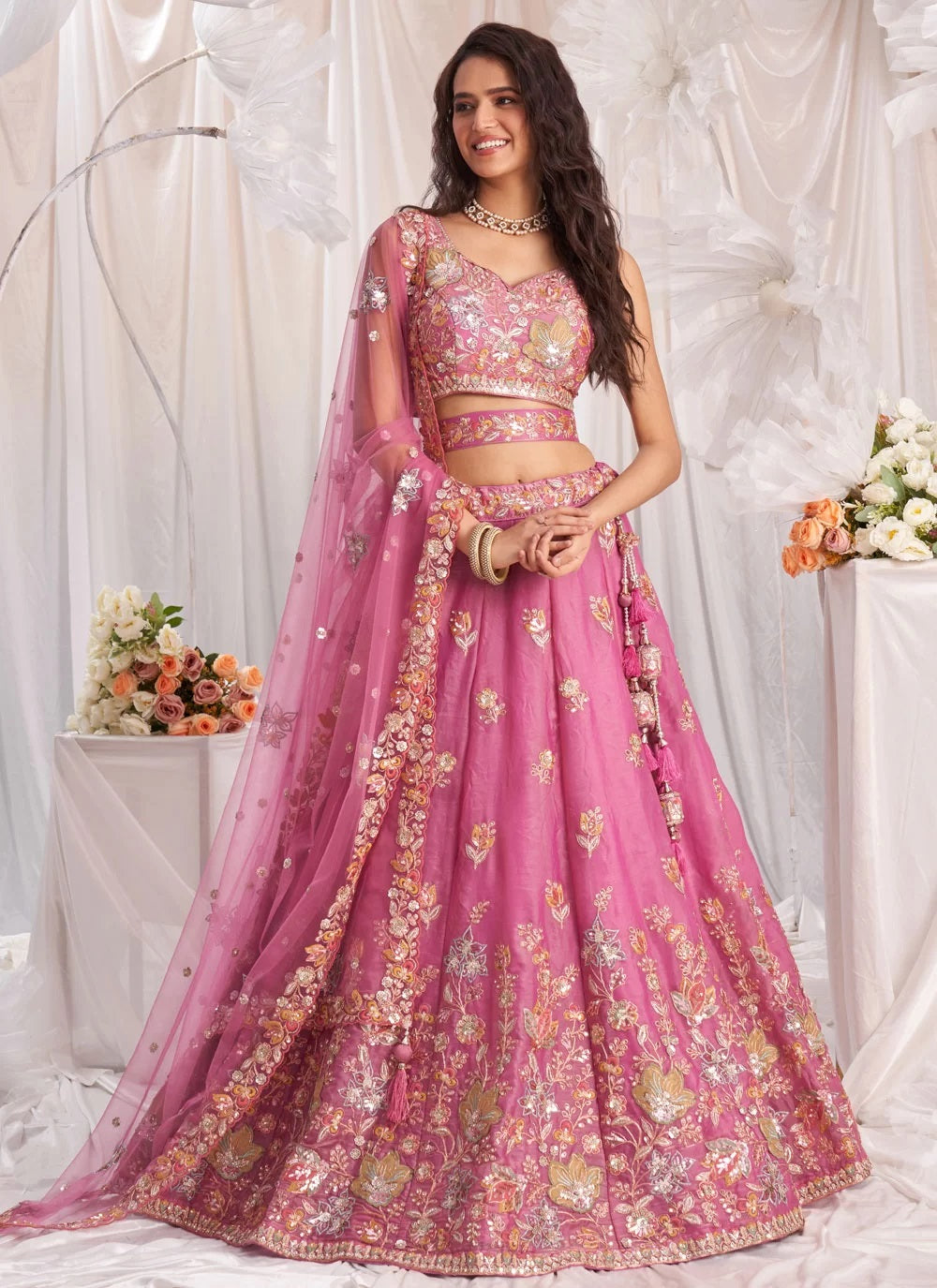Stunning pink sequins zarkan work organza designer bridesmaid lehenga choli