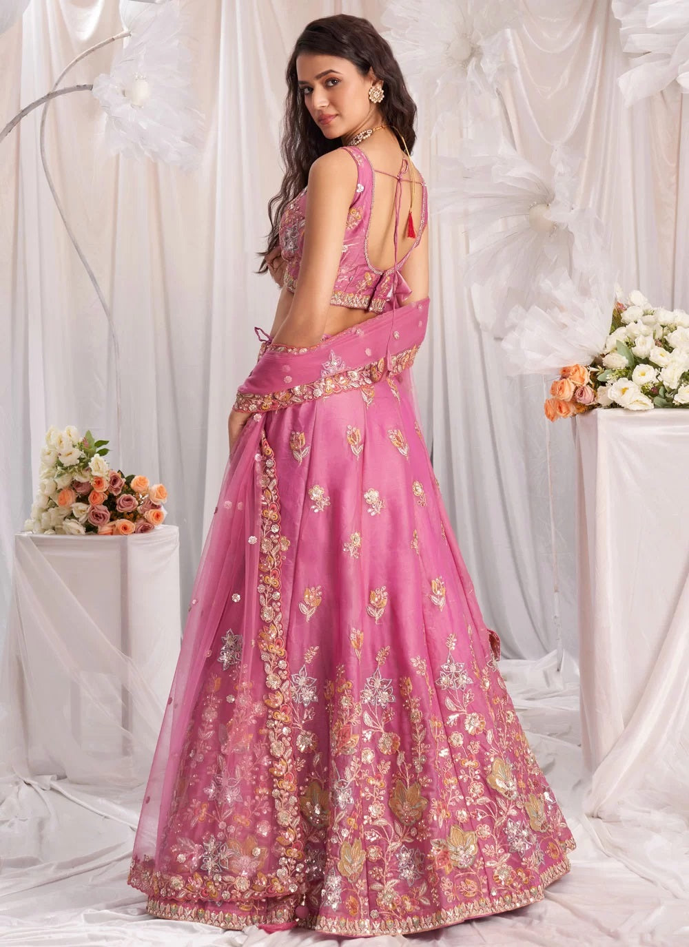 Stunning pink sequins zarkan work organza designer bridesmaid lehenga choli