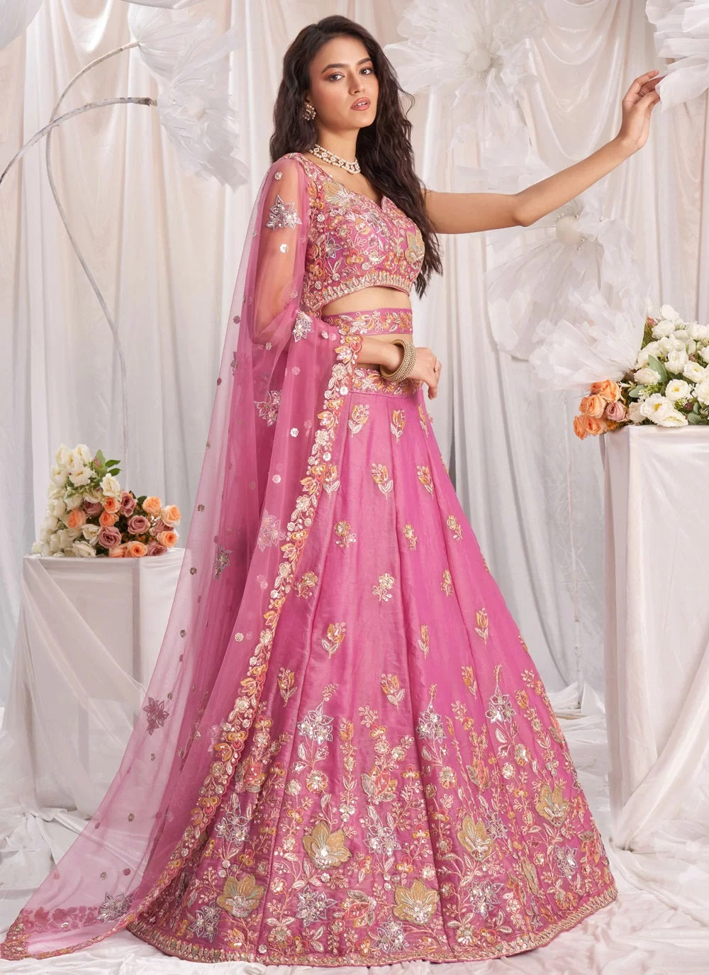Stunning pink sequins zarkan work organza designer bridesmaid lehenga choli