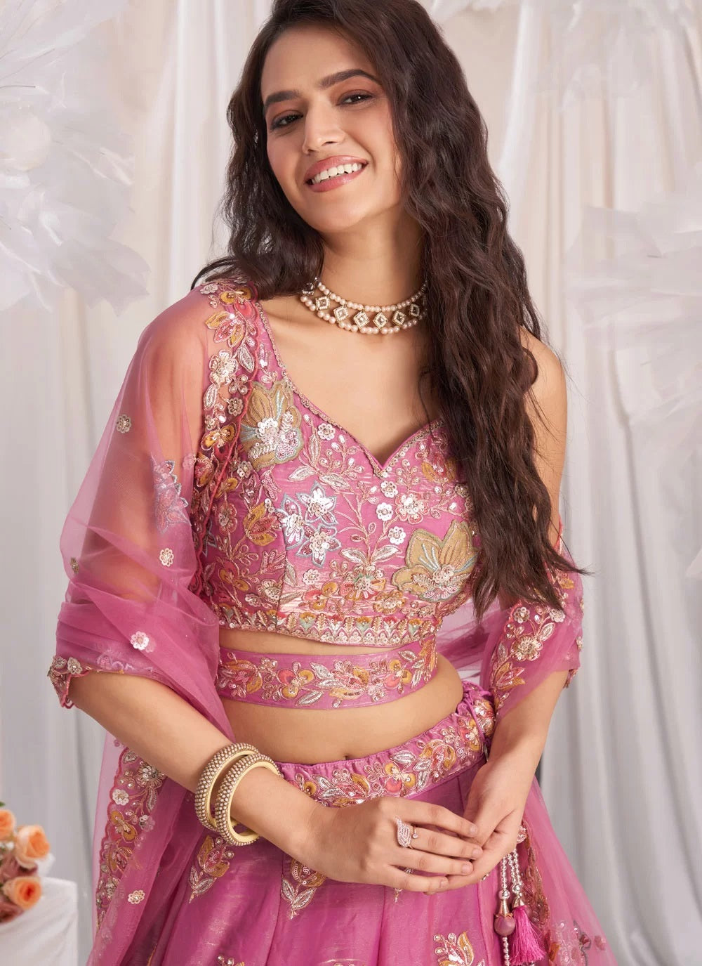 Stunning pink sequins zarkan work organza designer bridesmaid lehenga choli