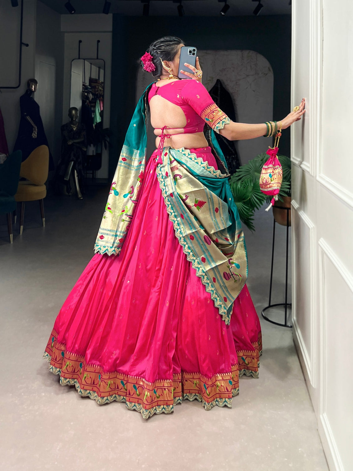 Pink Paithani Jacquard Silk Lehenga Set with Zari Weaving, Embroidery & Scallop