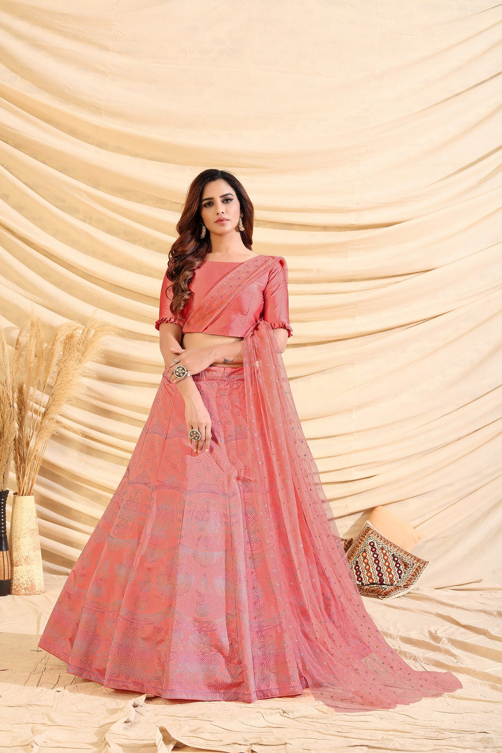 Pink Pigment Foil Printed Taffeta Silk Semi Stitched Partywear Lehenga