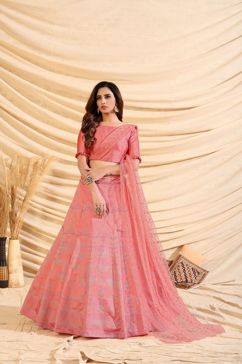 Pink Pigment Foil Printed Taffeta Silk Semi Stitched Partywear Lehenga