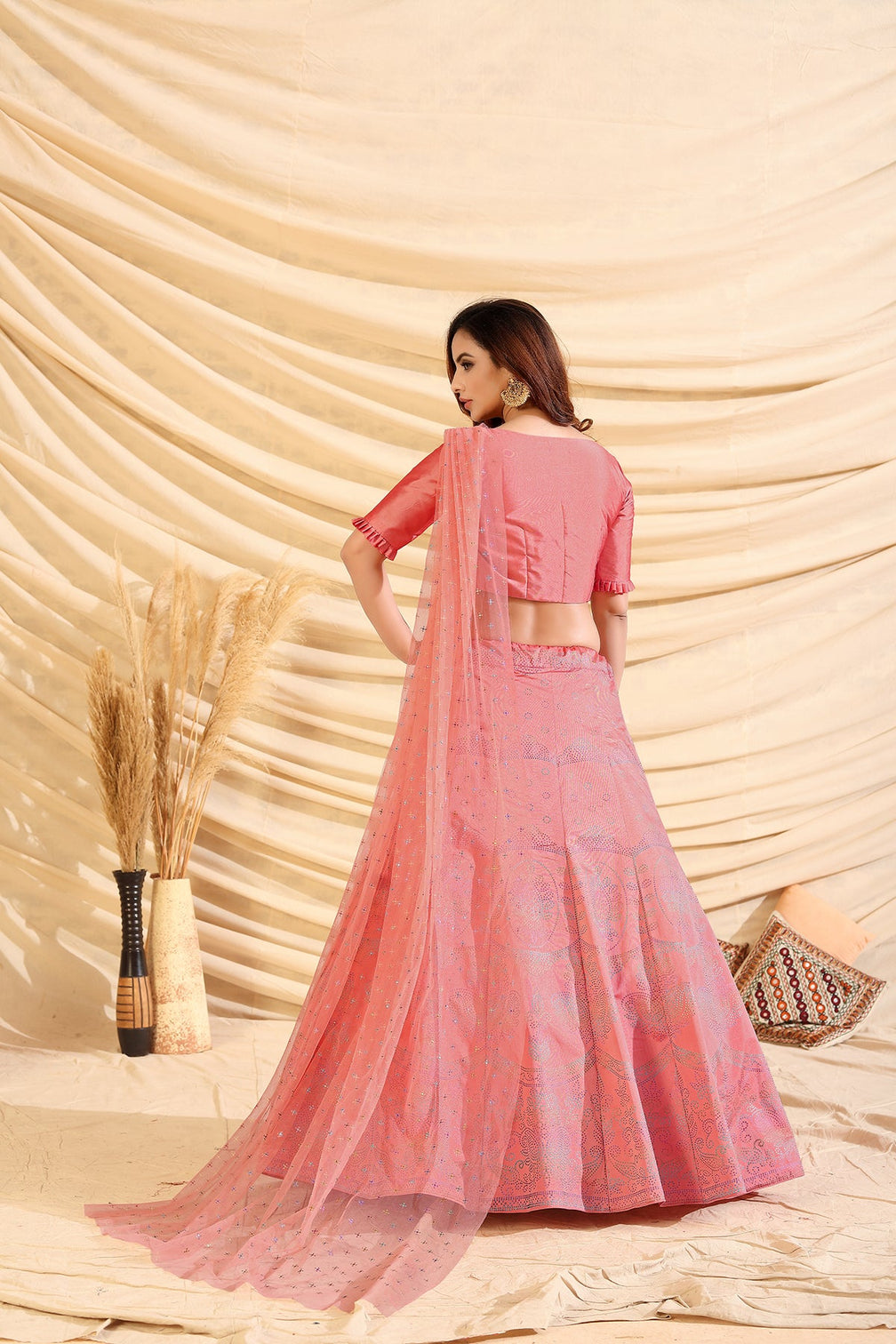 Pink Pigment Foil Printed Taffeta Silk Semi Stitched Partywear Lehenga