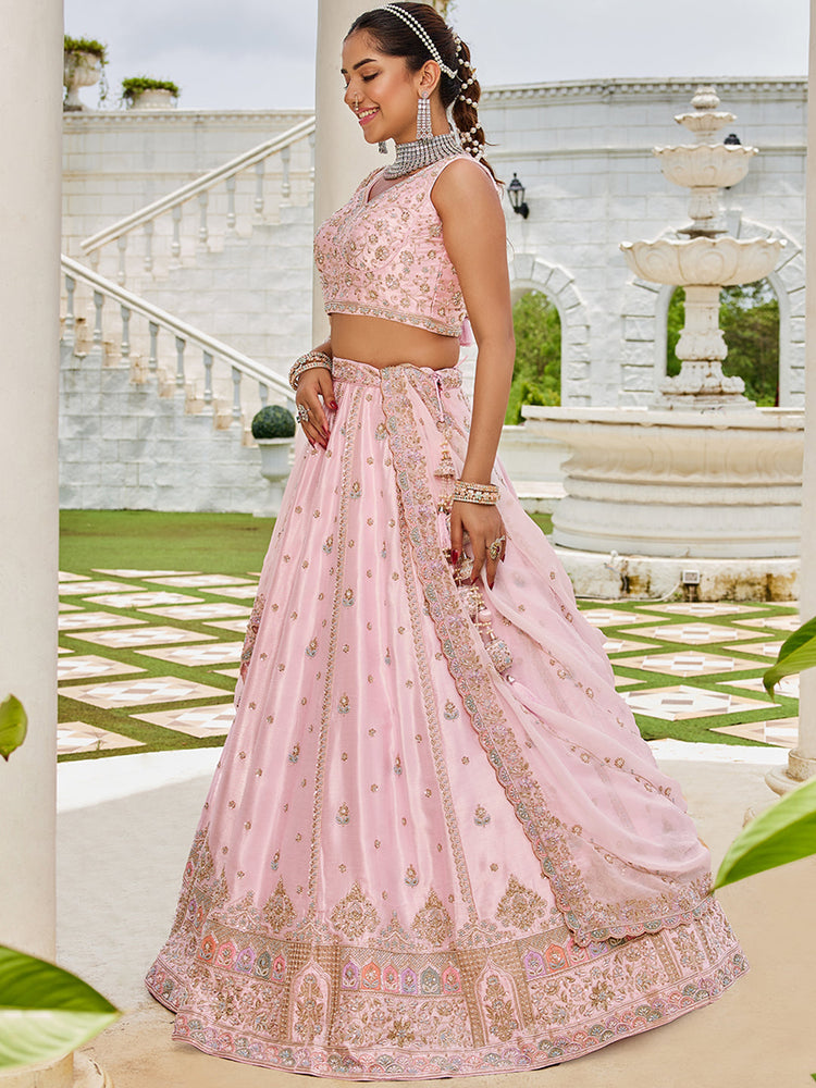 Pink Premium Silk Lehenga Choli with Viscose Organza Dupatta – Sequins, Coding & Thread Embroidery