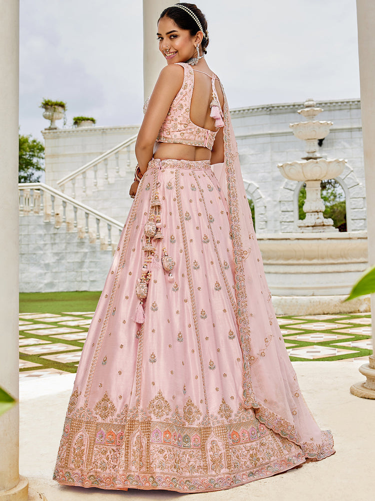 Pink Premium Silk Lehenga Choli with Viscose Organza Dupatta – Sequins, Coding & Thread Embroidery