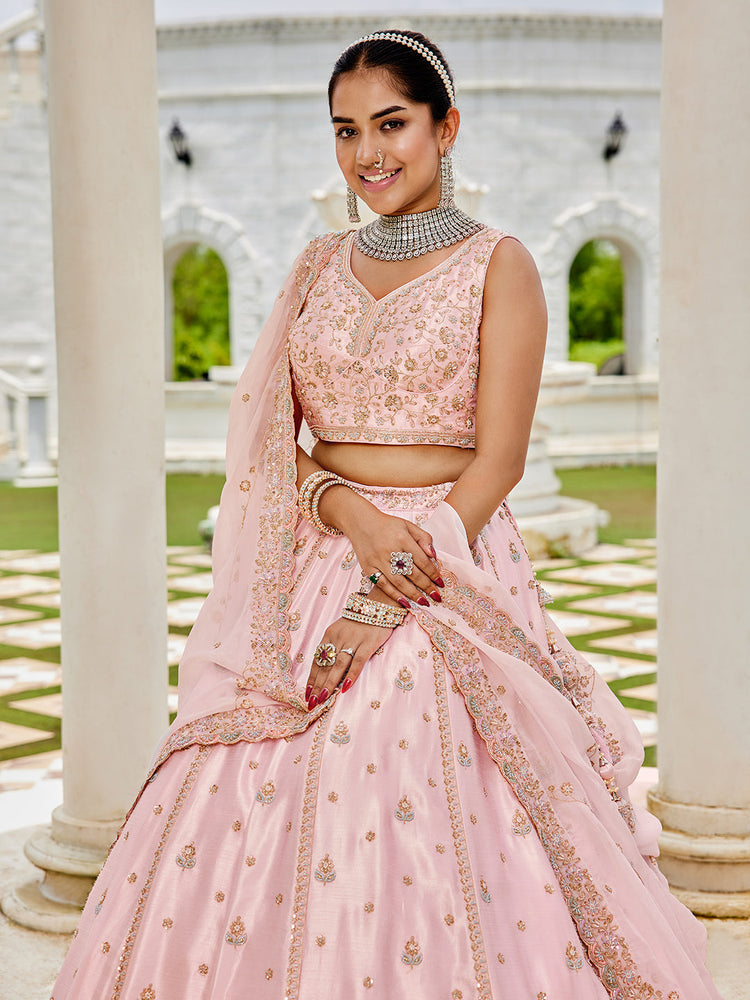 Pink Premium Silk Lehenga Choli with Viscose Organza Dupatta – Sequins, Coding & Thread Embroidery