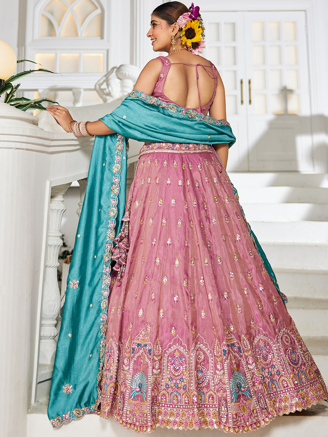 Pink Premium Tissue Sequin Embroidered Lehenga Choli Set with Ethnic Cutwork Dupatta & Handmade Tassels