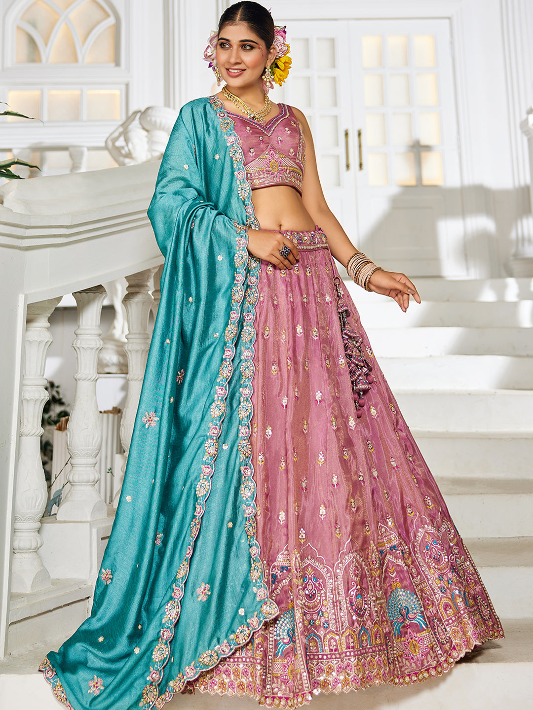Pink Premium Tissue Sequin Embroidered Lehenga Choli Set with Ethnic Cutwork Dupatta & Handmade Tassels
