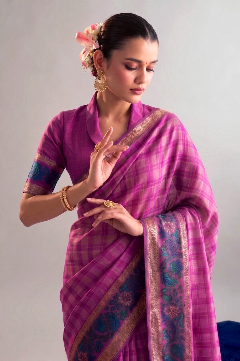 Pink Printed Chanderi Saree with Zari Weaving Work | Polyester Viscose