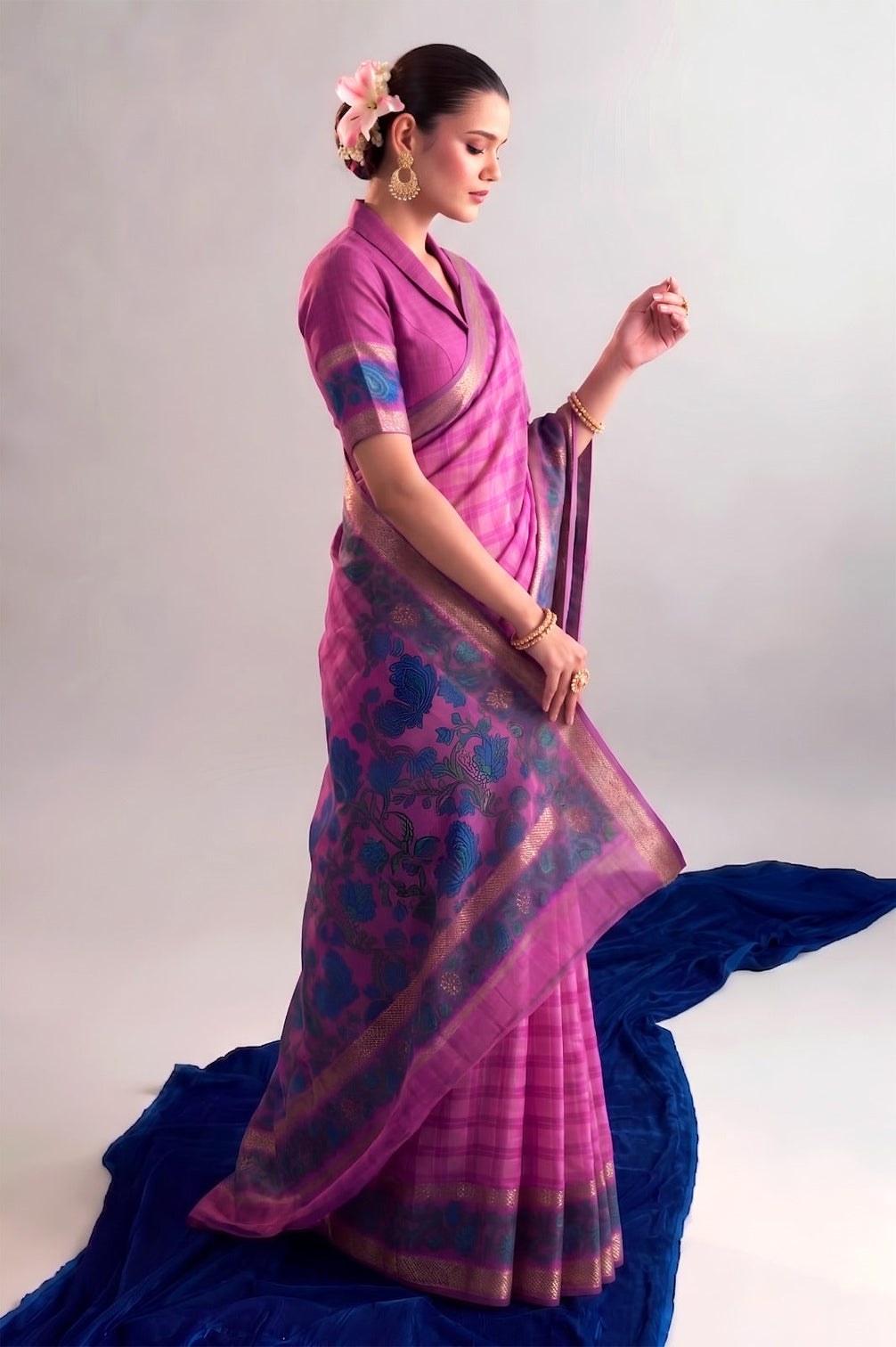 Pink Printed Chanderi Saree with Zari Weaving Work | Polyester Viscose