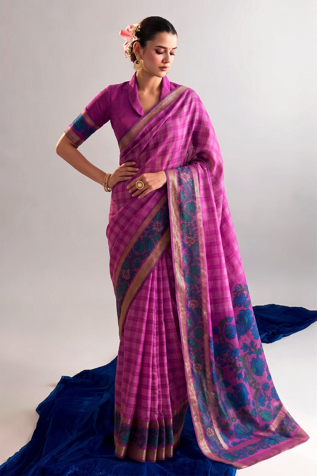 Pink Printed Chanderi Saree with Zari Weaving Work | Polyester Viscose