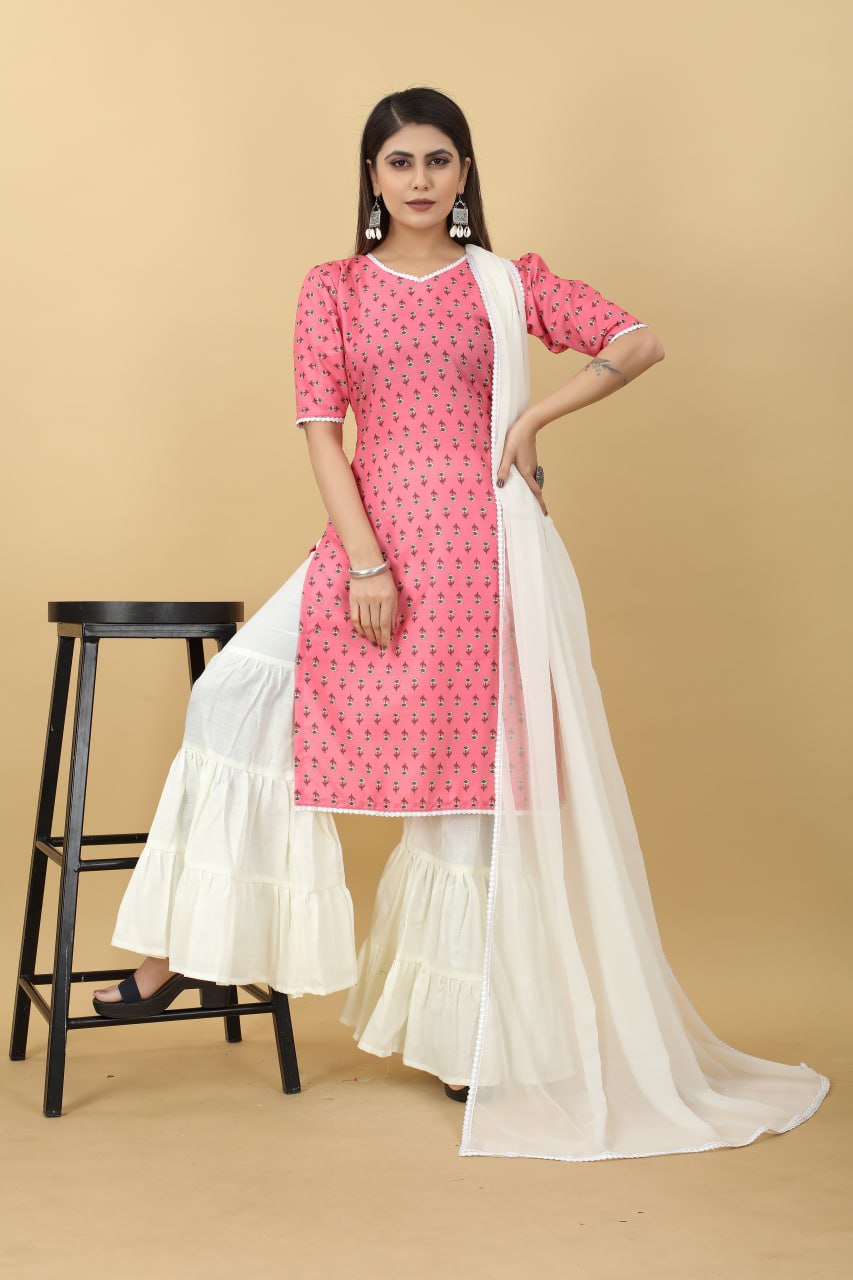 Pink Printed Cotton Kurti with Sharara And Dupatta