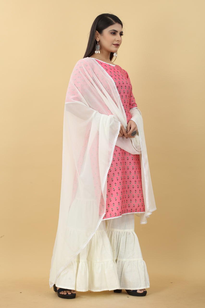 Pink Printed Cotton Kurti with Sharara And Dupatta