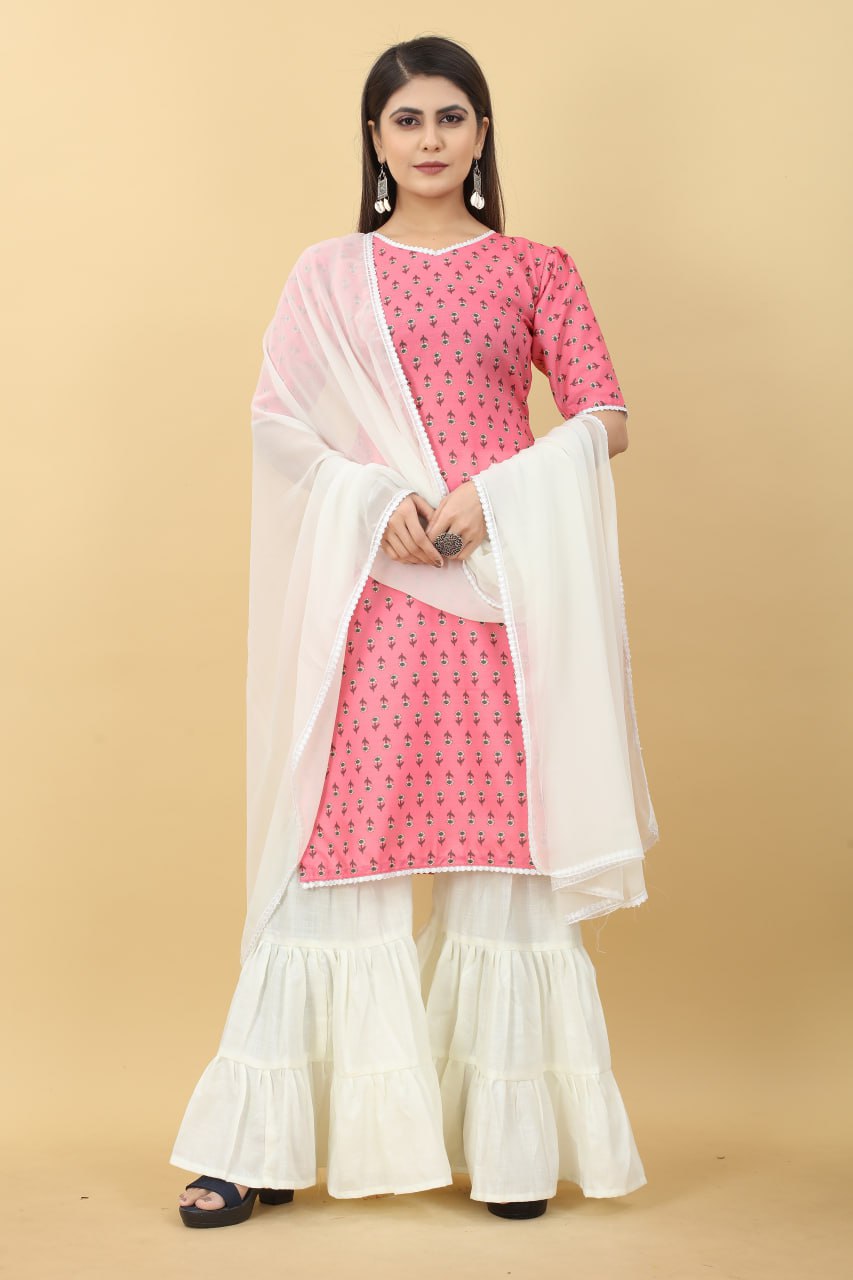 Pink Printed Cotton Kurti with Sharara And Dupatta
