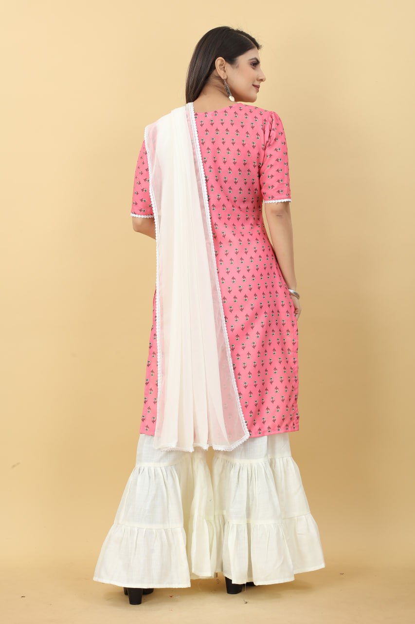 Pink Printed Cotton Kurti with Sharara And Dupatta