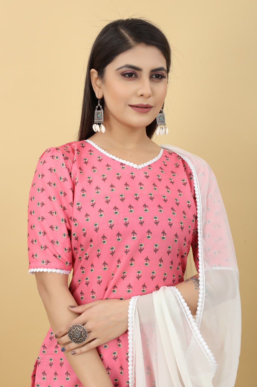 Pink Printed Cotton Kurti with Sharara And Dupatta
