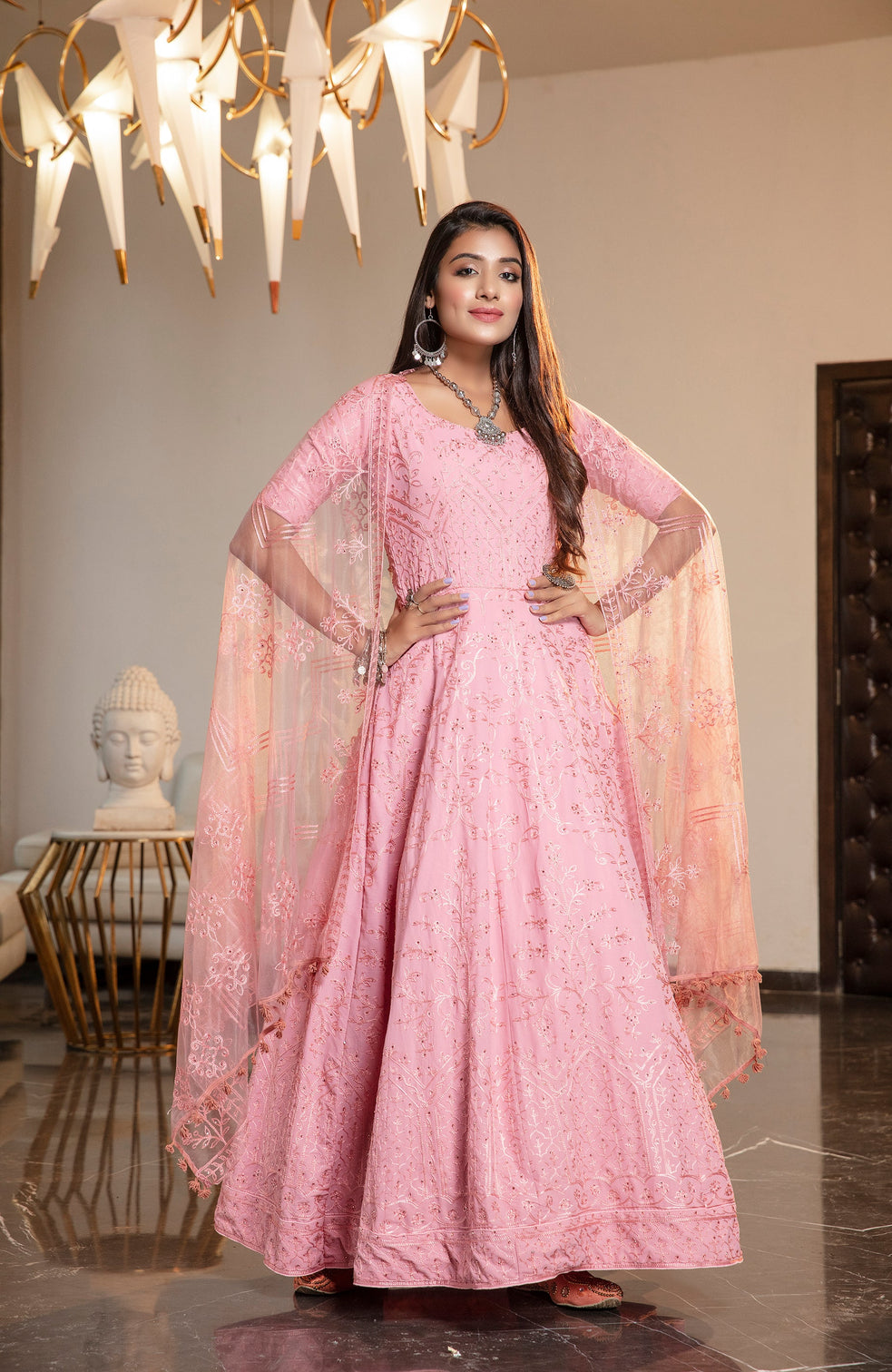 Pink Resham Stonework Georgette Soft Net Anarkali Salwar Suit