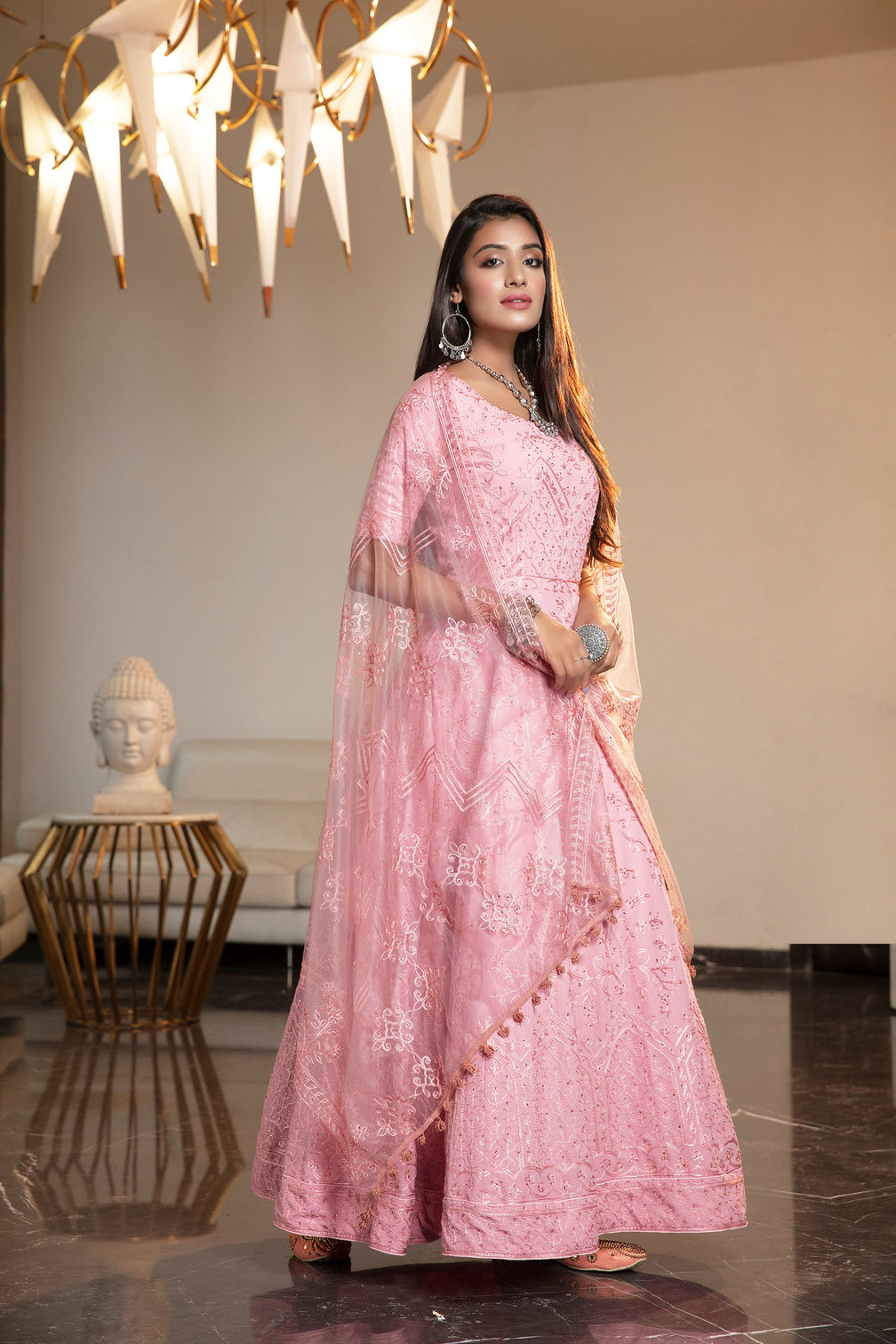 Pink Resham Stonework Georgette Soft Net Anarkali Salwar Suit