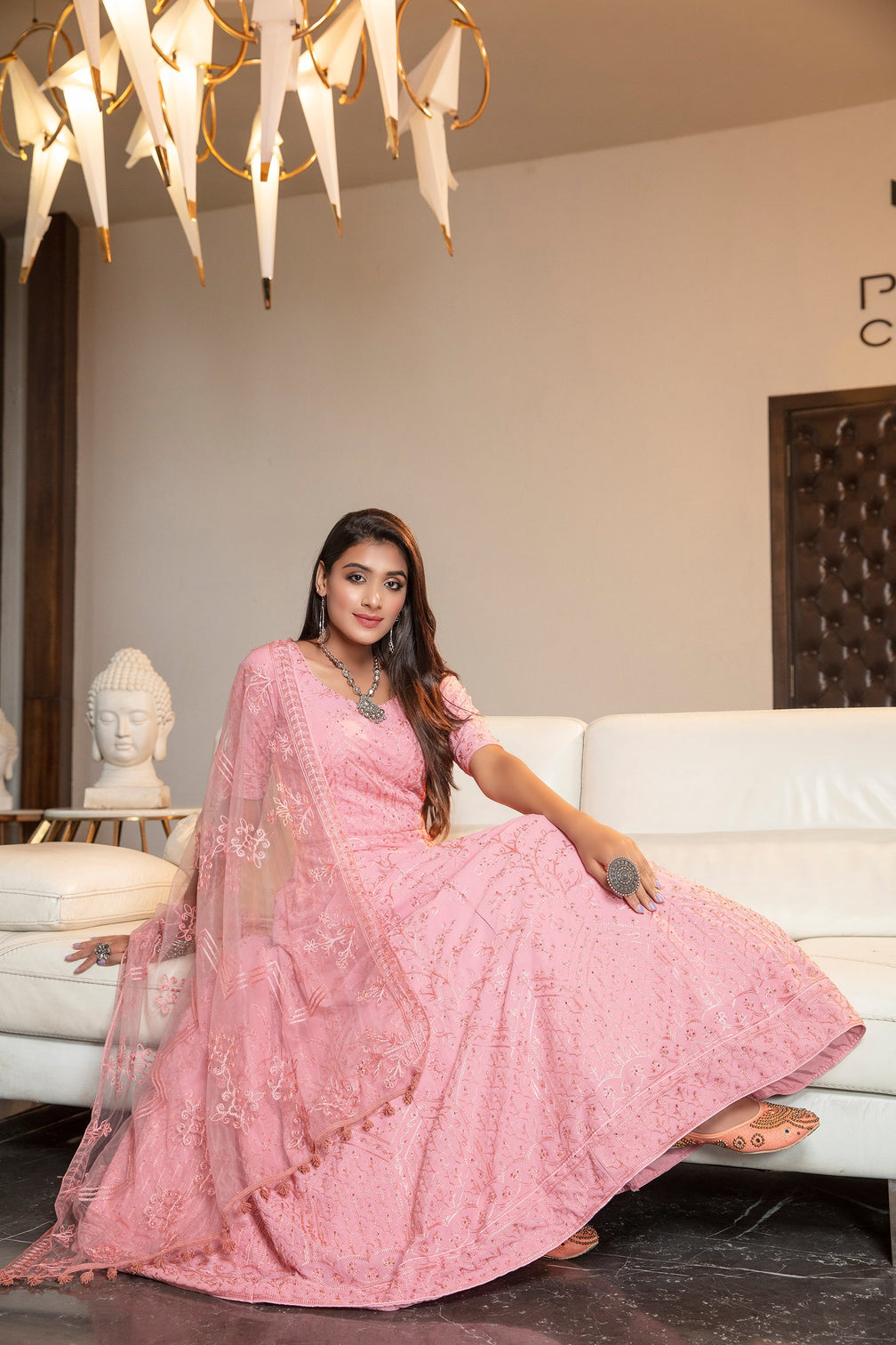 Pink Resham Stonework Georgette Soft Net Anarkali Salwar Suit