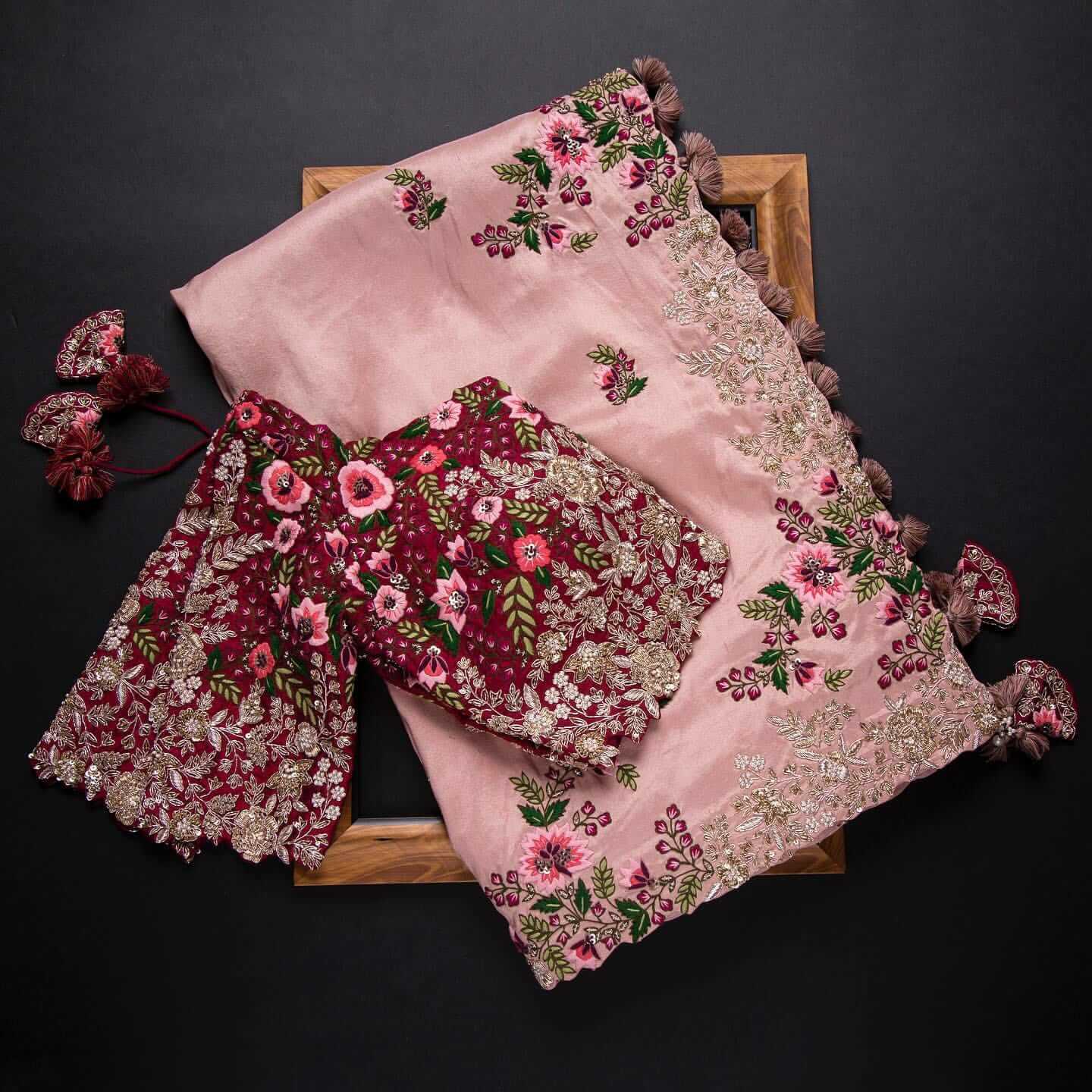 Pink Saree In Organza Silk With Resham And Zari Work