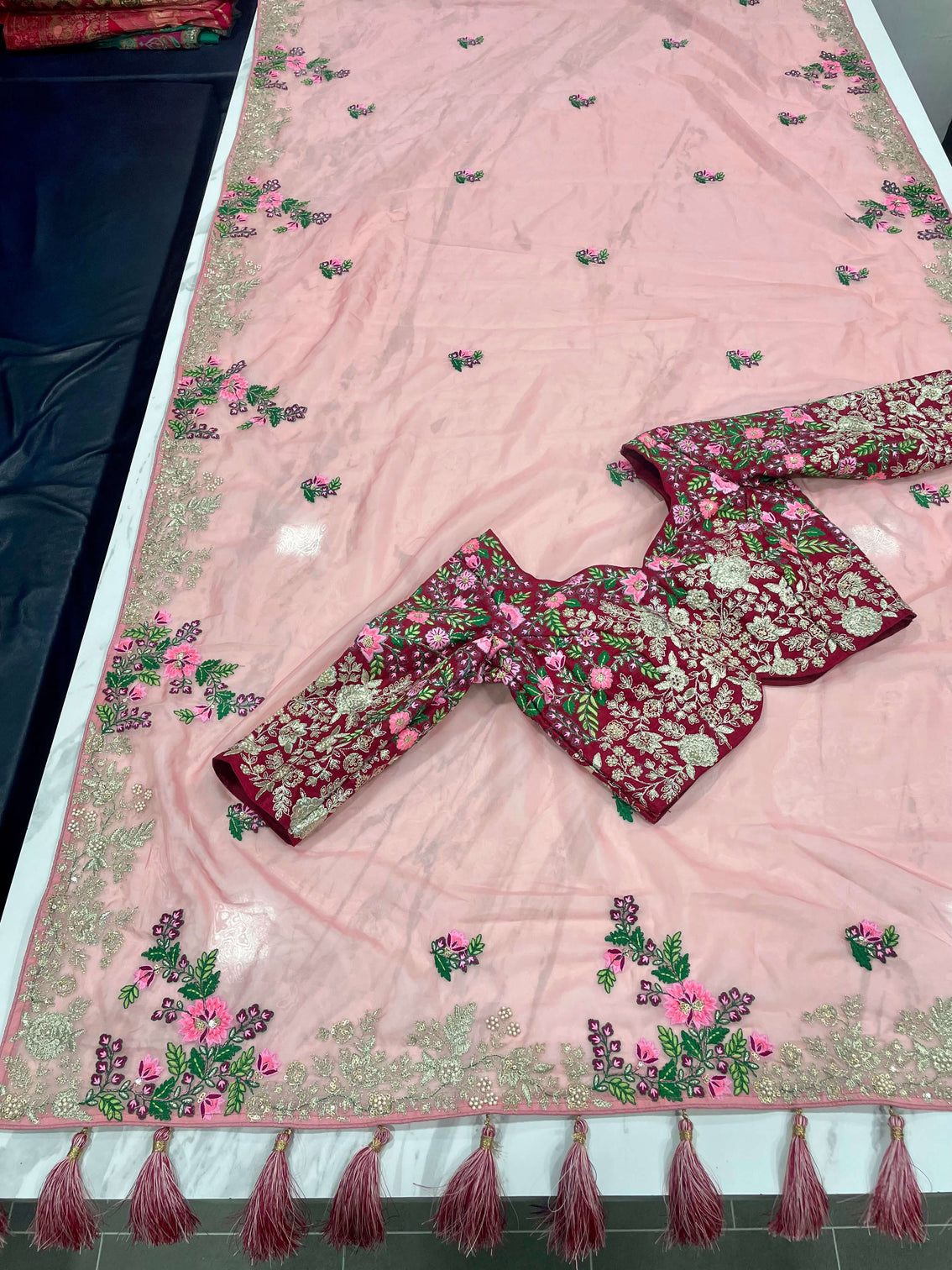 Pink Saree In Organza Silk With Resham And Zari Work