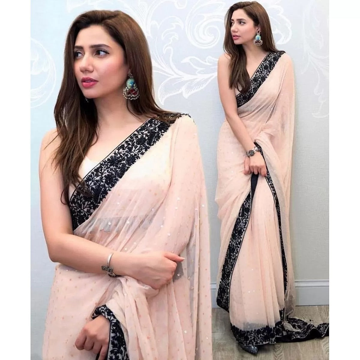 Pink Saree in Georgette with Sequence Work Lace with Blouse