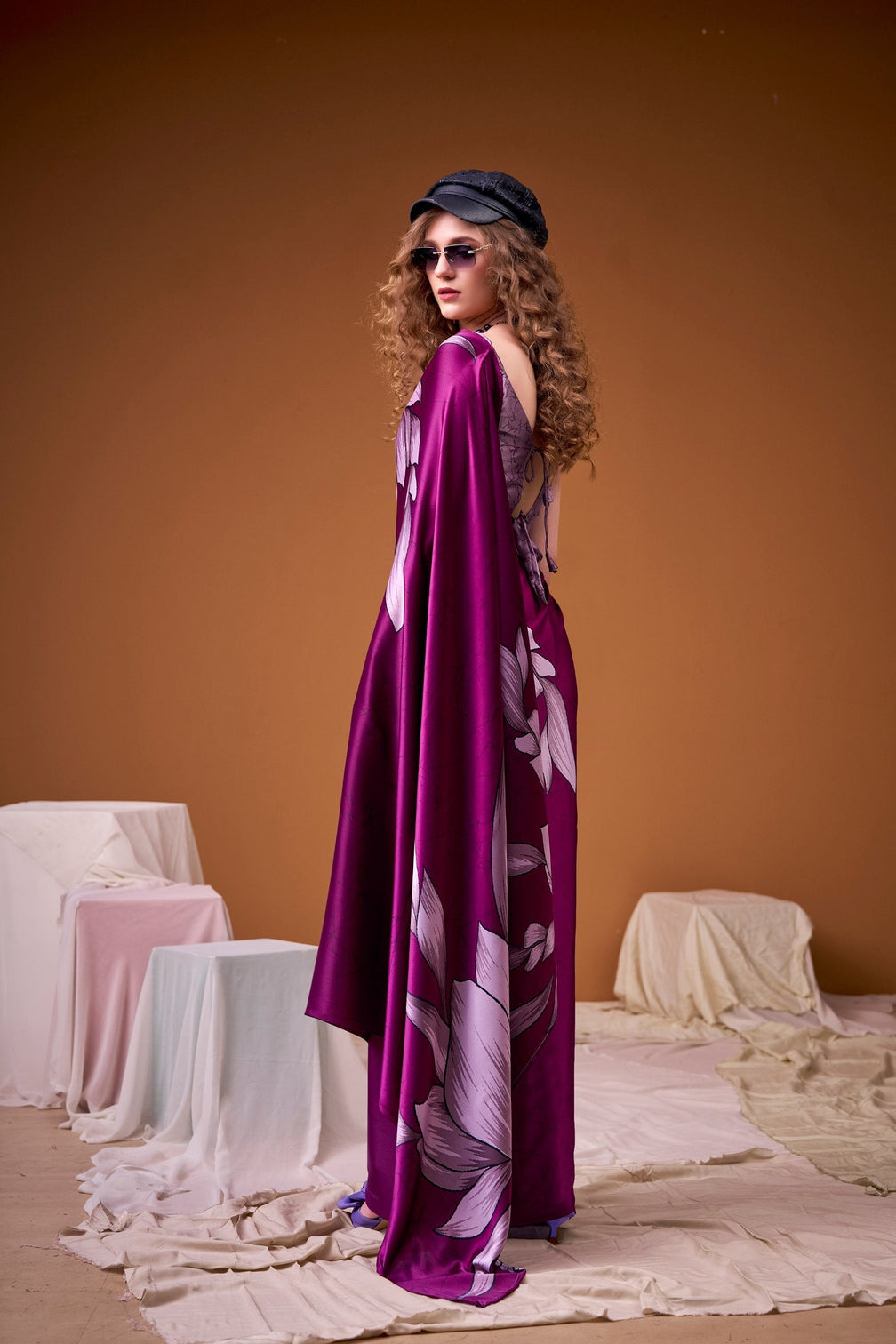 Pink Satin Silk Floral Printed Saree with Matching Unstitched Blouse