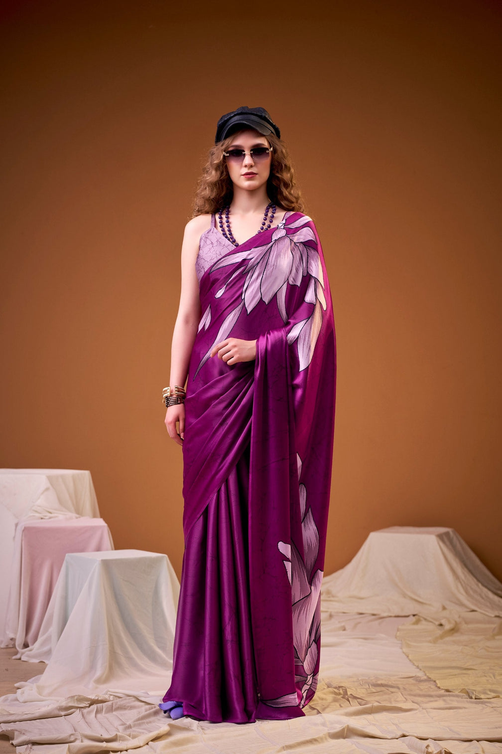 Pink Satin Silk Floral Printed Saree with Matching Unstitched Blouse