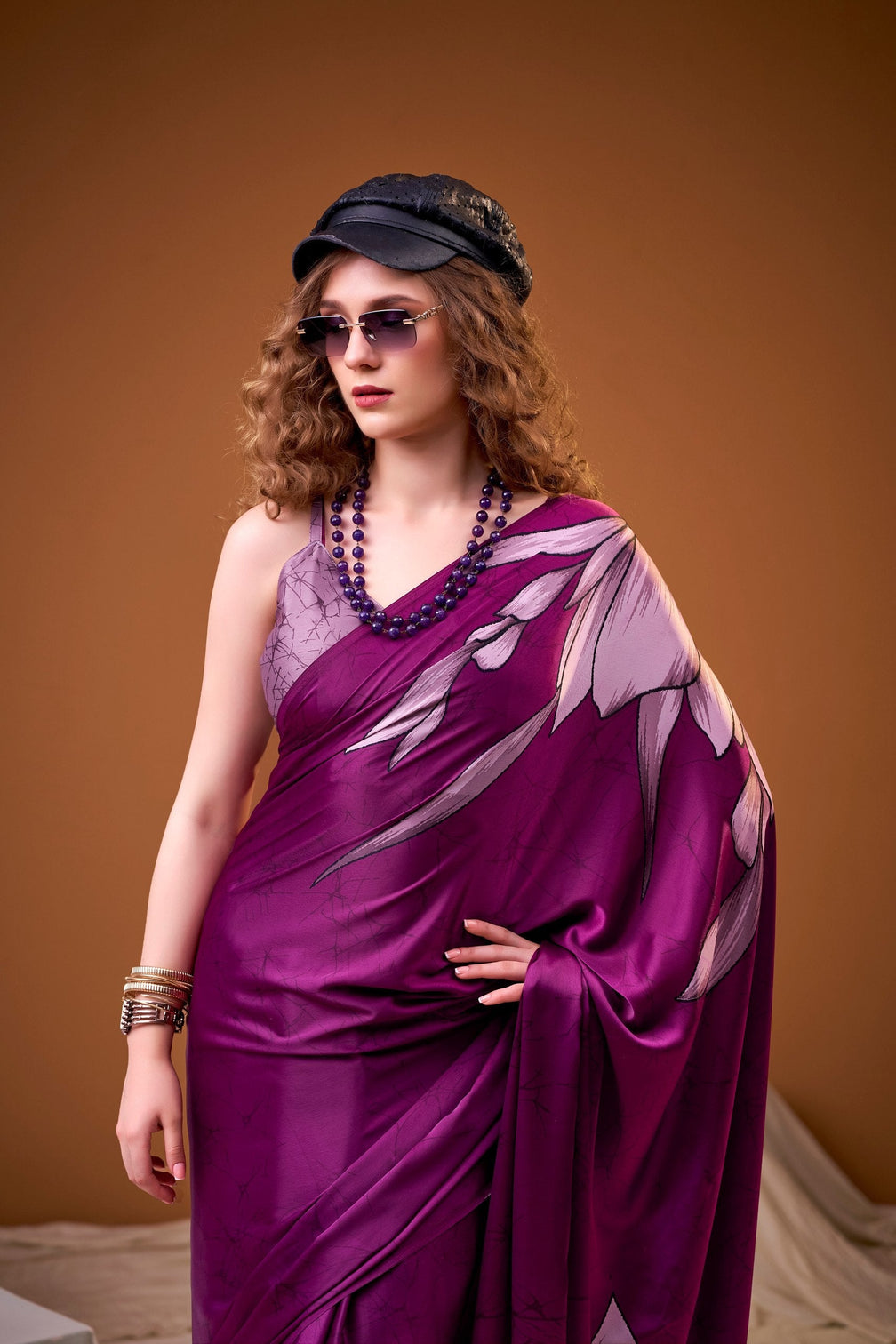 Pink Satin Silk Floral Printed Saree with Matching Unstitched Blouse