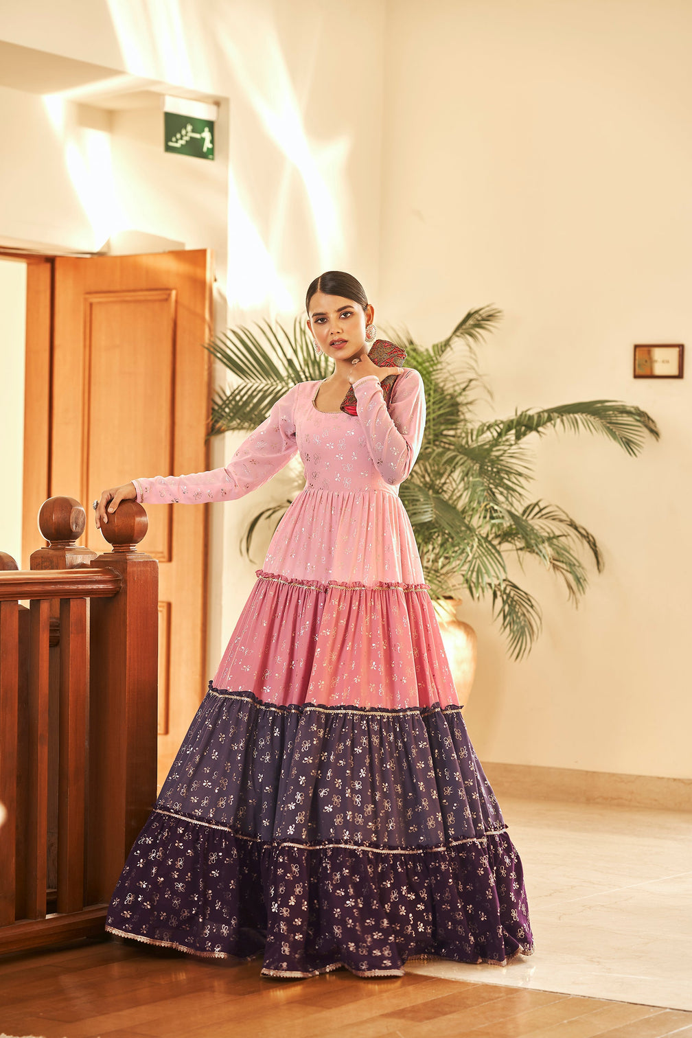 Pink Semi Stitched Georgette Foil Print Long Gown