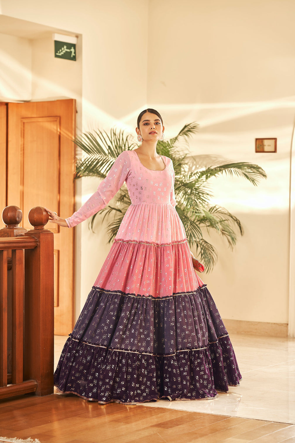 Pink Semi Stitched Georgette Foil Print Long Gown