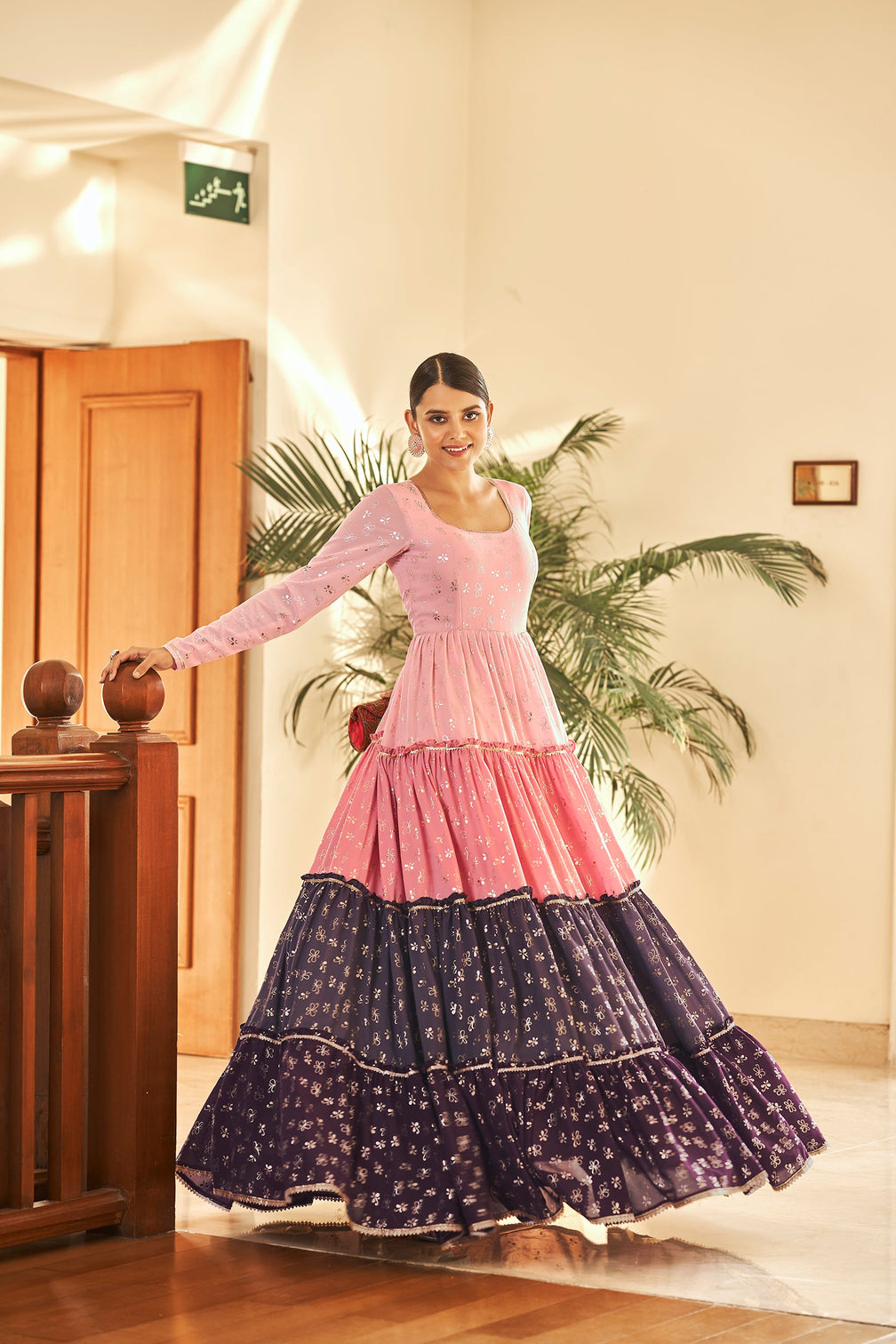 Pink Semi Stitched Georgette Foil Print Long Gown