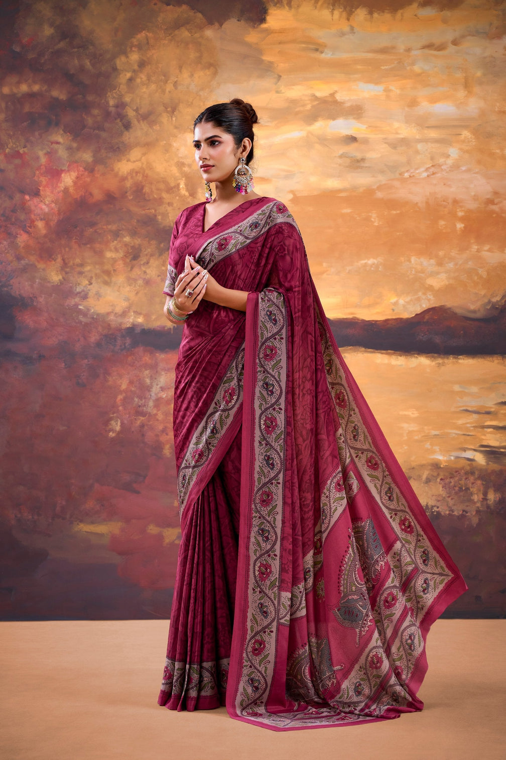Pink Stylish Printed Crepe Saree with Matching Blouse Piece
