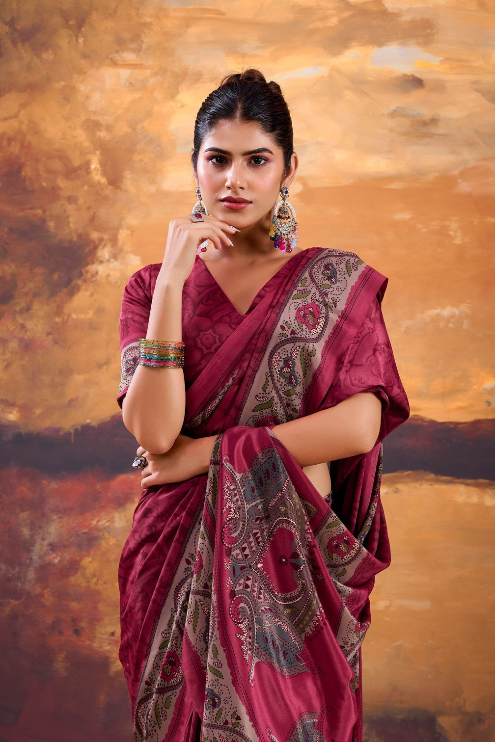Pink Stylish Printed Crepe Saree with Matching Blouse Piece