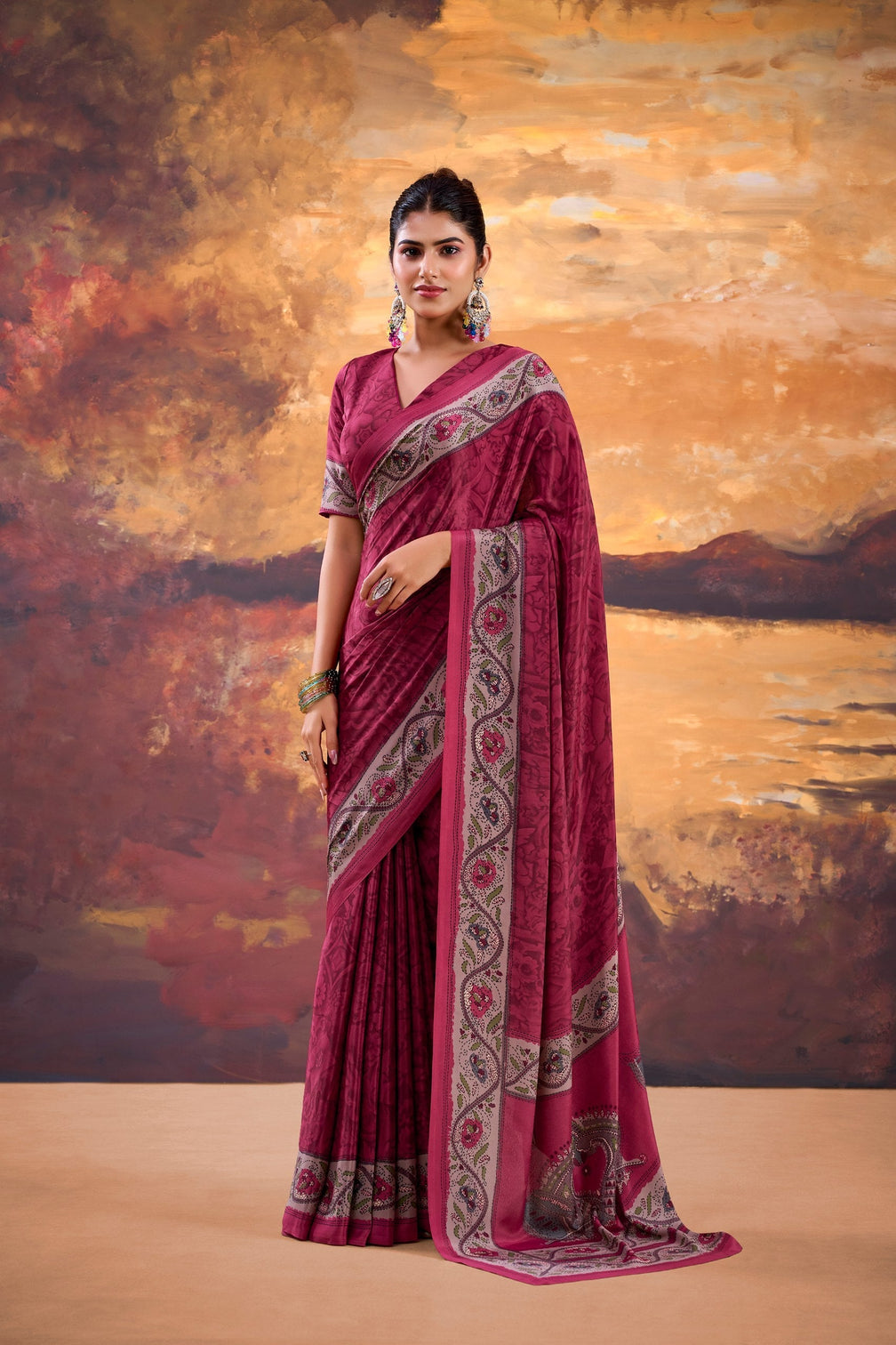 Pink Stylish Printed Crepe Saree with Matching Blouse Piece