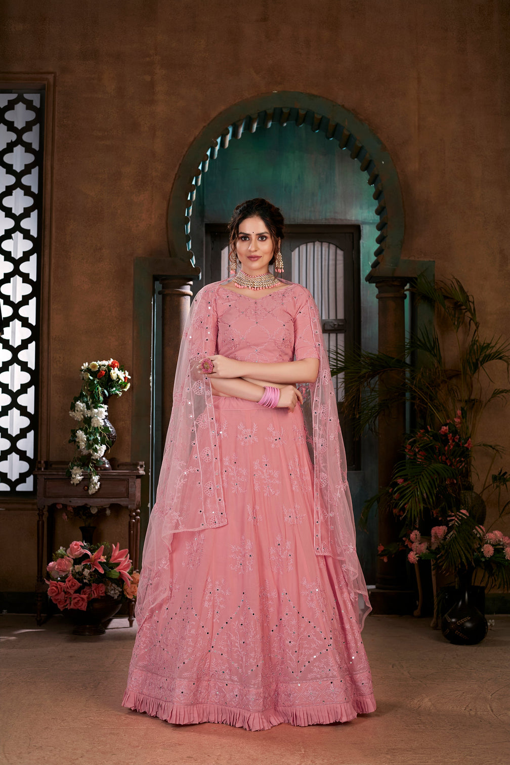 Pink Thread Embroidered Georgette Wedding Wear Lehenga Choli