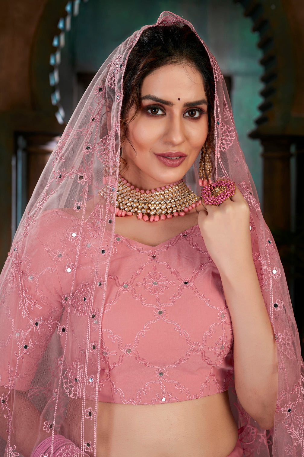 Pink Thread Embroidered Georgette Wedding Wear Lehenga Choli