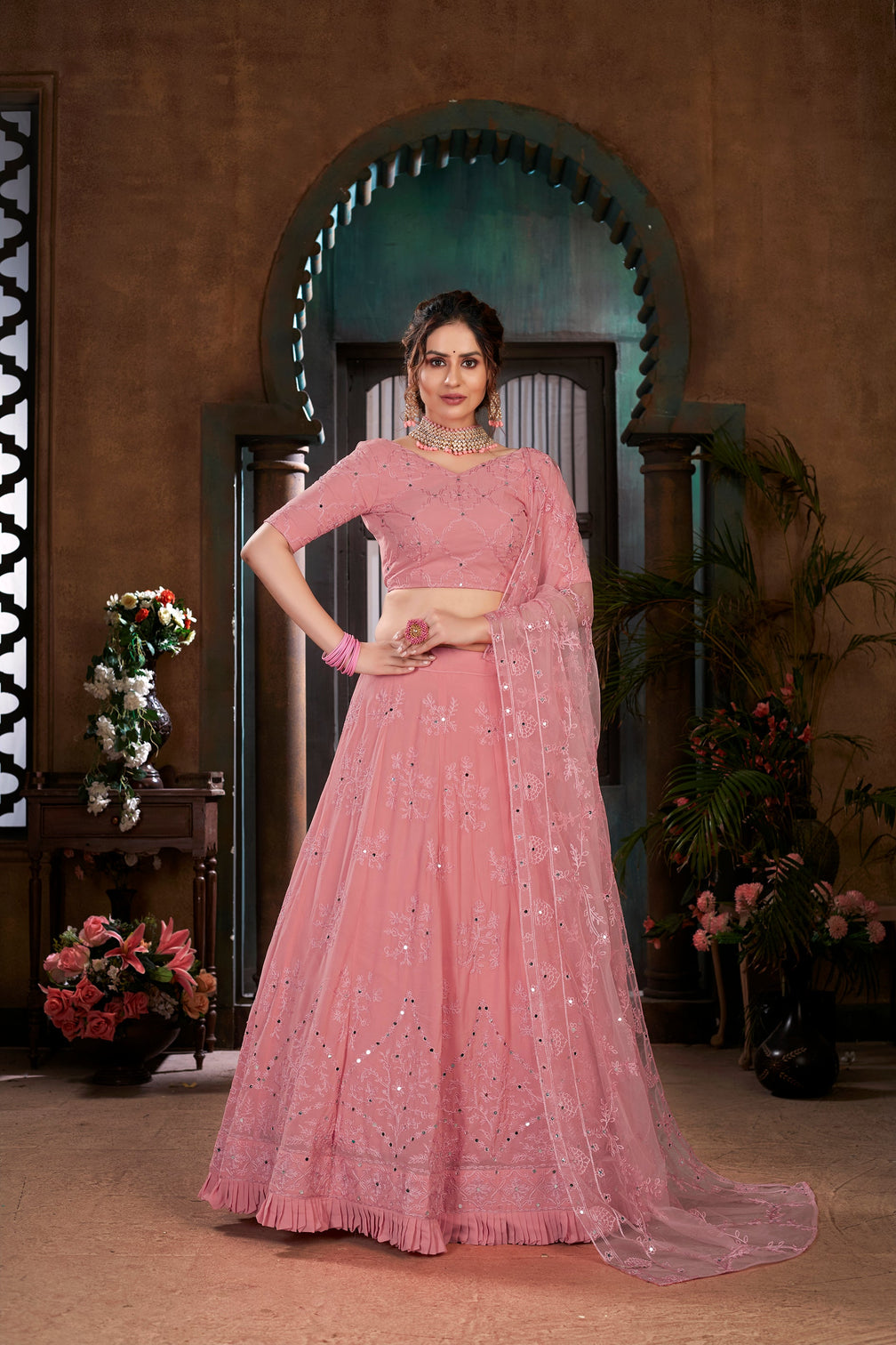 Pink Thread Embroidered Georgette Wedding Wear Lehenga Choli