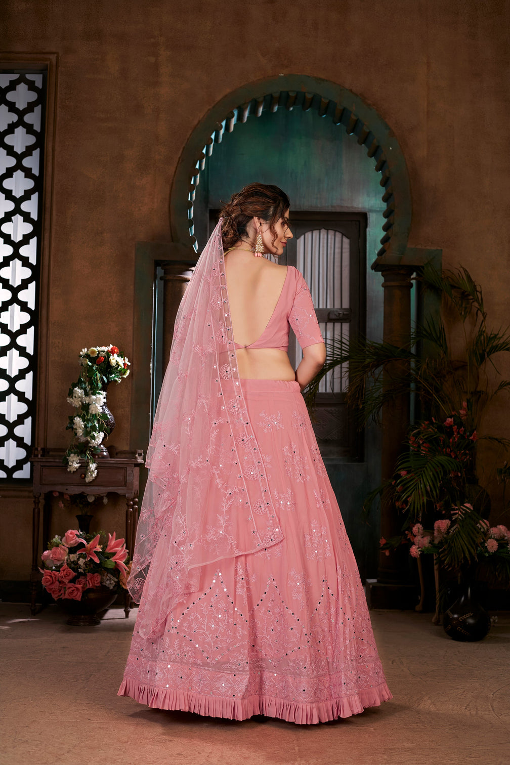 Pink Thread Embroidered Georgette Wedding Wear Lehenga Choli