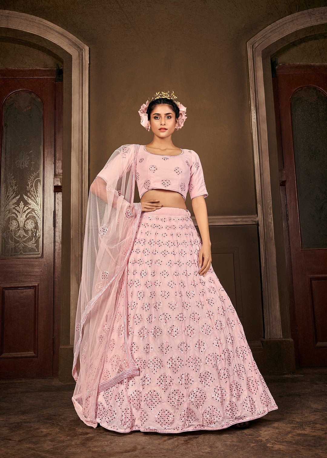 Pink Thread Sequins Georgette Party Wear Lehenga Choli