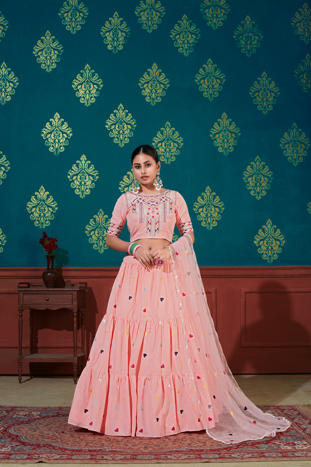 Pink Thread With Sequins Embroidered Cotton Semi Stitched Lehenga