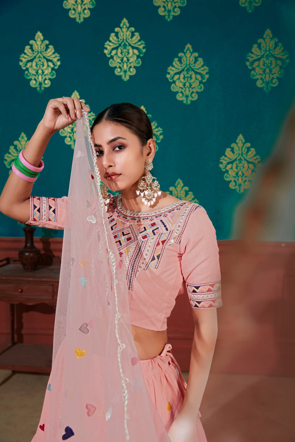 Pink Thread With Sequins Embroidered Cotton Semi Stitched Lehenga