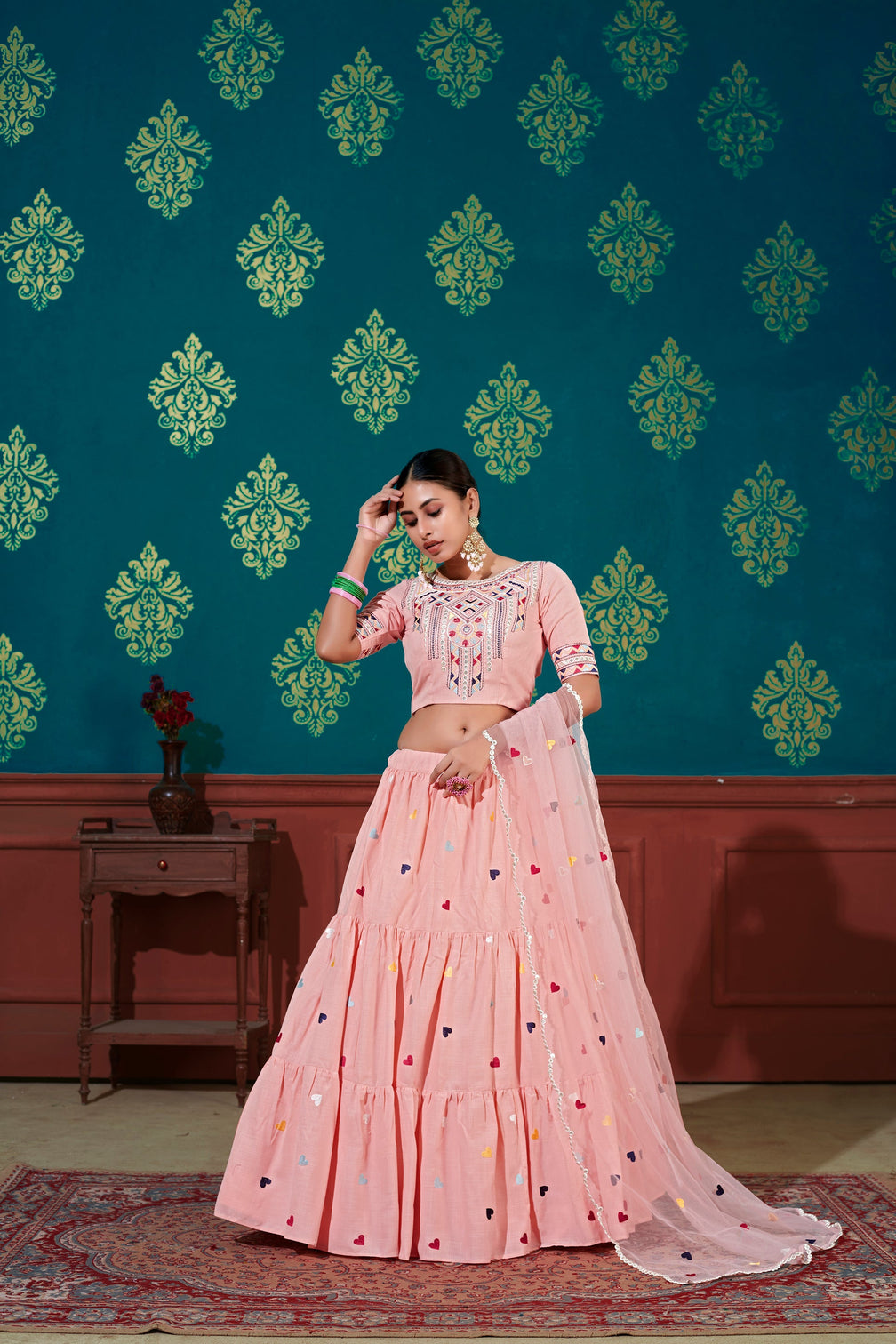 Pink Thread With Sequins Embroidered Cotton Semi Stitched Lehenga