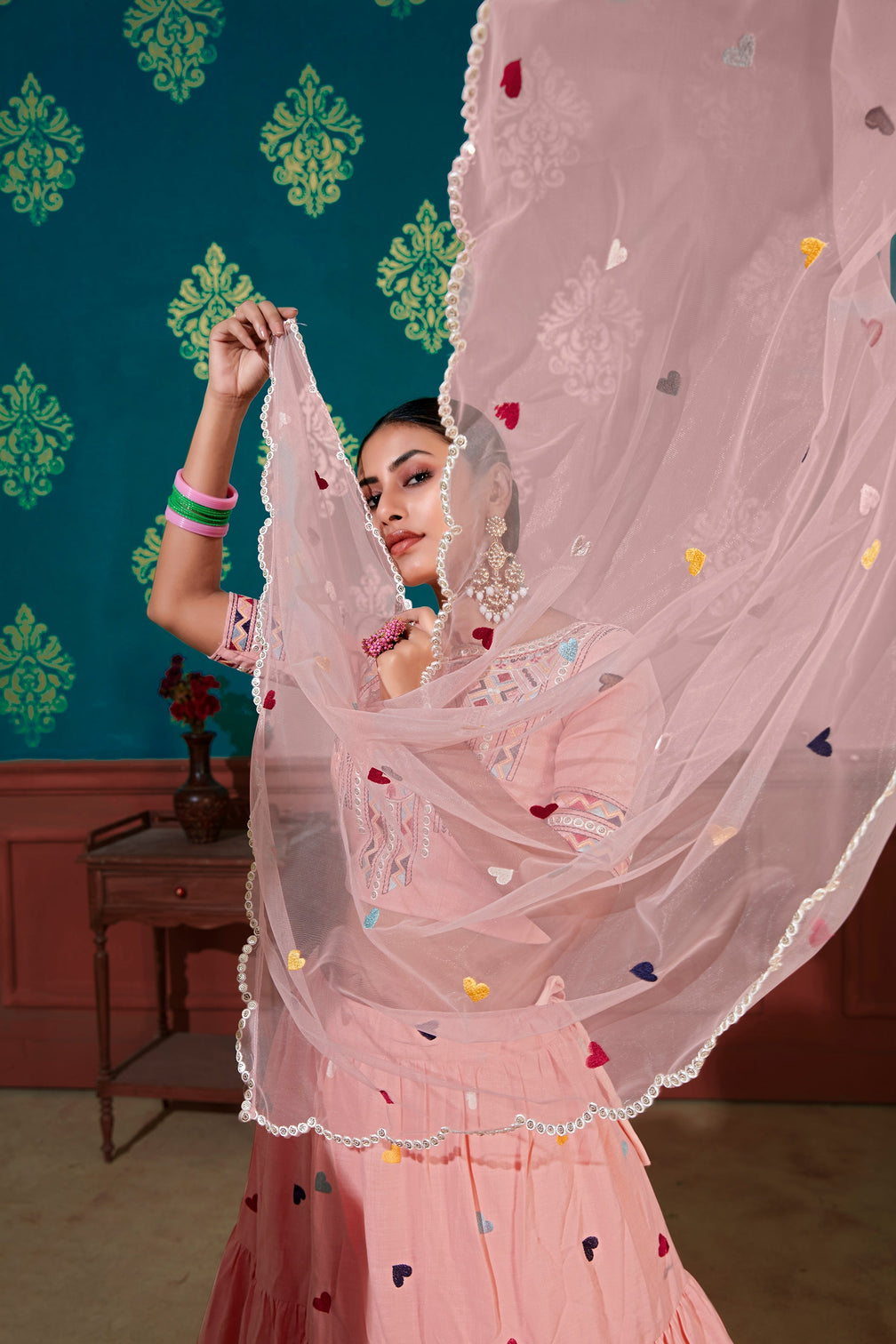 Pink Thread With Sequins Embroidered Cotton Semi Stitched Lehenga